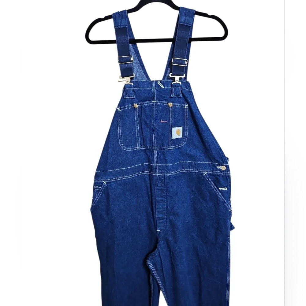 Vintage Carhartt Cargo Bib Denim Jean Overalls R08 DNM USA Mens 44 x 30
